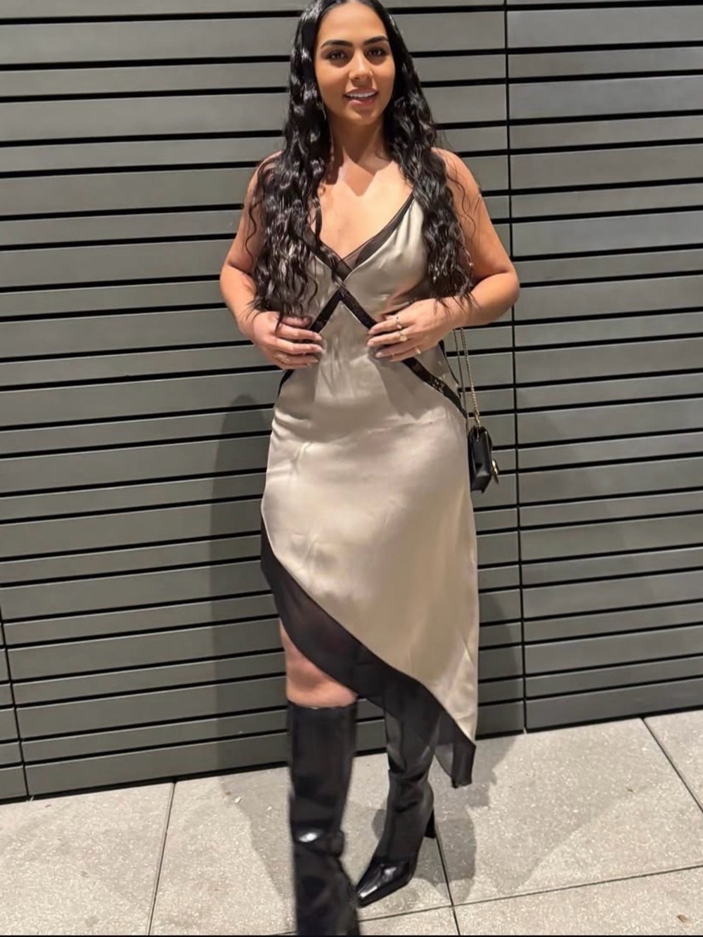 🔥🔥Zara Satin Asymmetric Slip Dress in Taupe with Black Trim